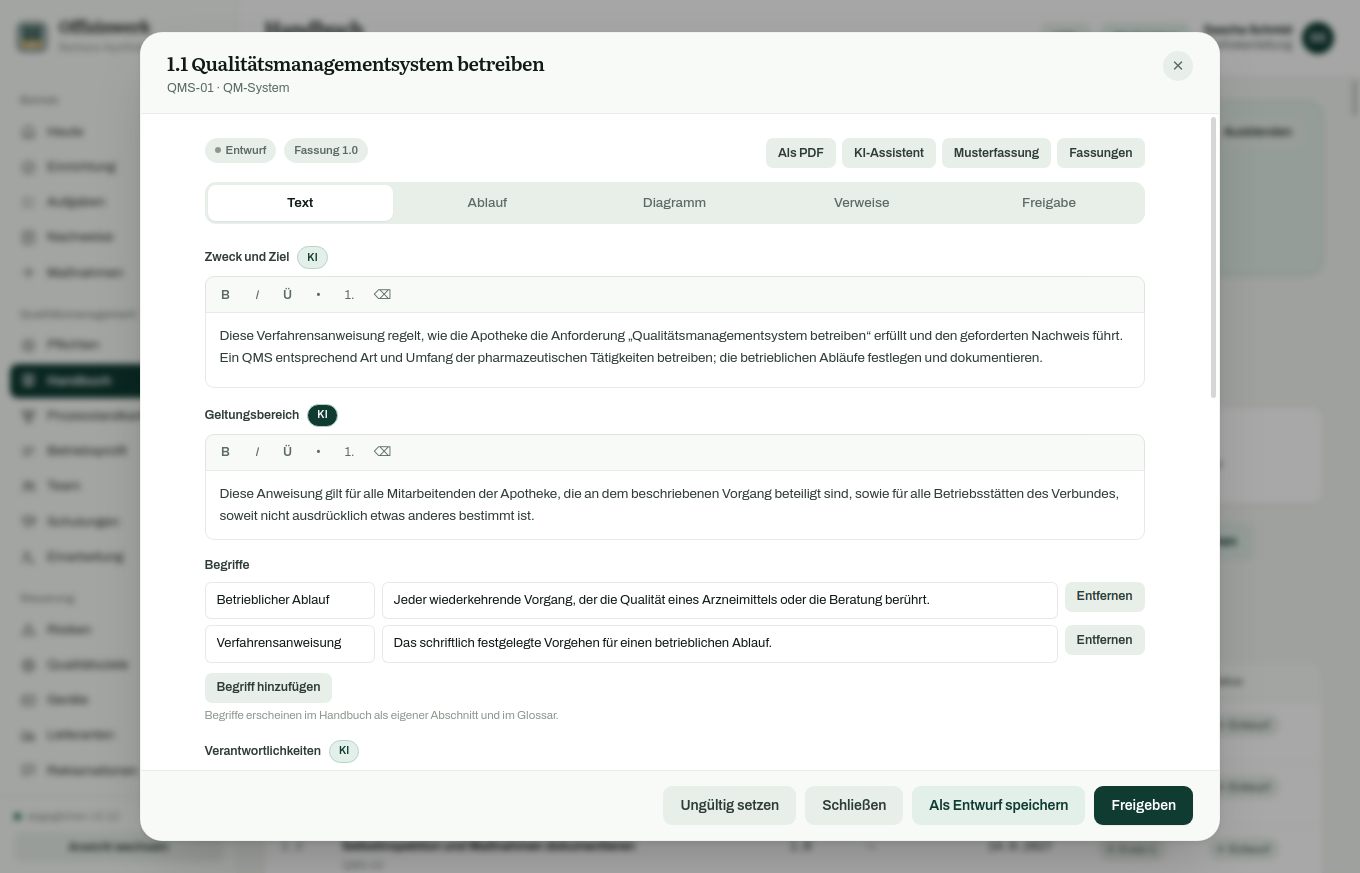 Bearbeitungsfenster mit den Textabschnitten Zweck und Ziel, Geltungsbereich, Begriffe und Verantwortlichkeiten, jeweils mit einer Schaltfläche für den KI-Assistenten.