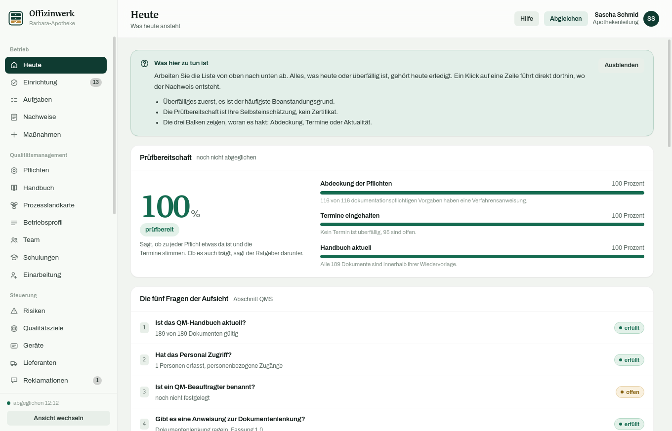 Ansicht Heute mit Prüfbereitschaft, den fünf Fragen der Aufsicht, einer gemeldeten Rechtsänderung und den heute fälligen Terminen.