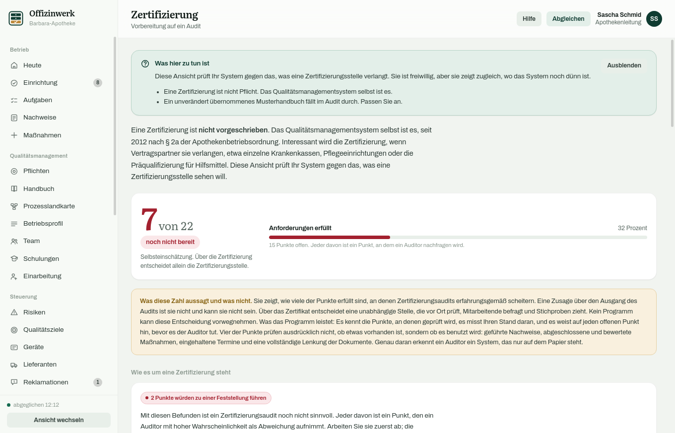Ansicht Zertifizierung mit Einschätzung der Aussicht, Ratgeberhinweisen und der Prüfliste.