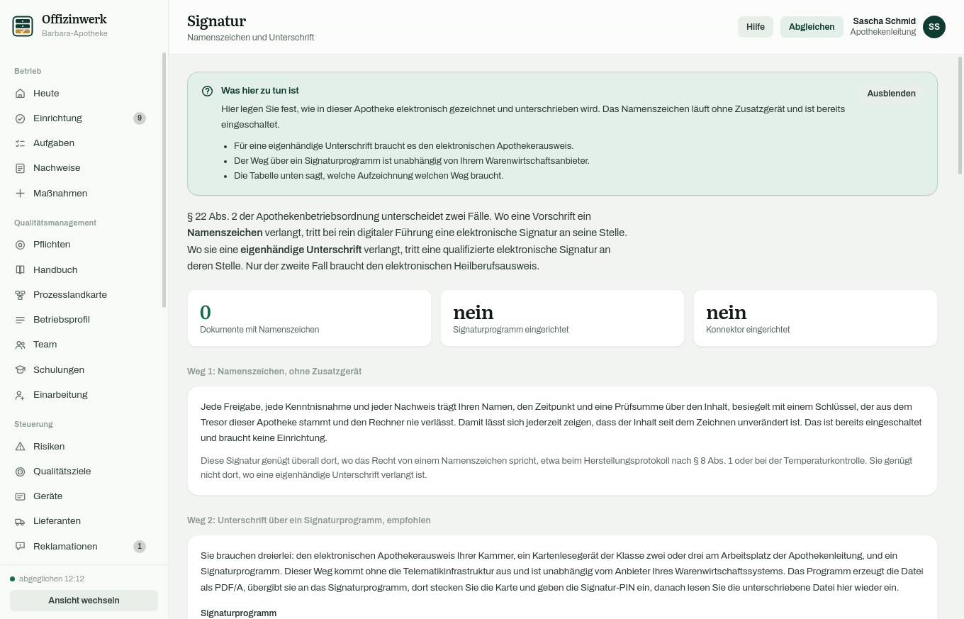 Ansicht Signatur mit den drei Wegen der Unterschrift und der Empfehlung für Lesegerät und Signaturprogramm.