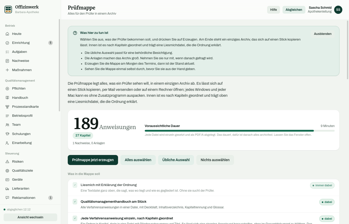 Ansicht Prüfmappe mit Auswahlliste der Bestandteile und einer Vorschau der Ordnerstruktur des Archivs.