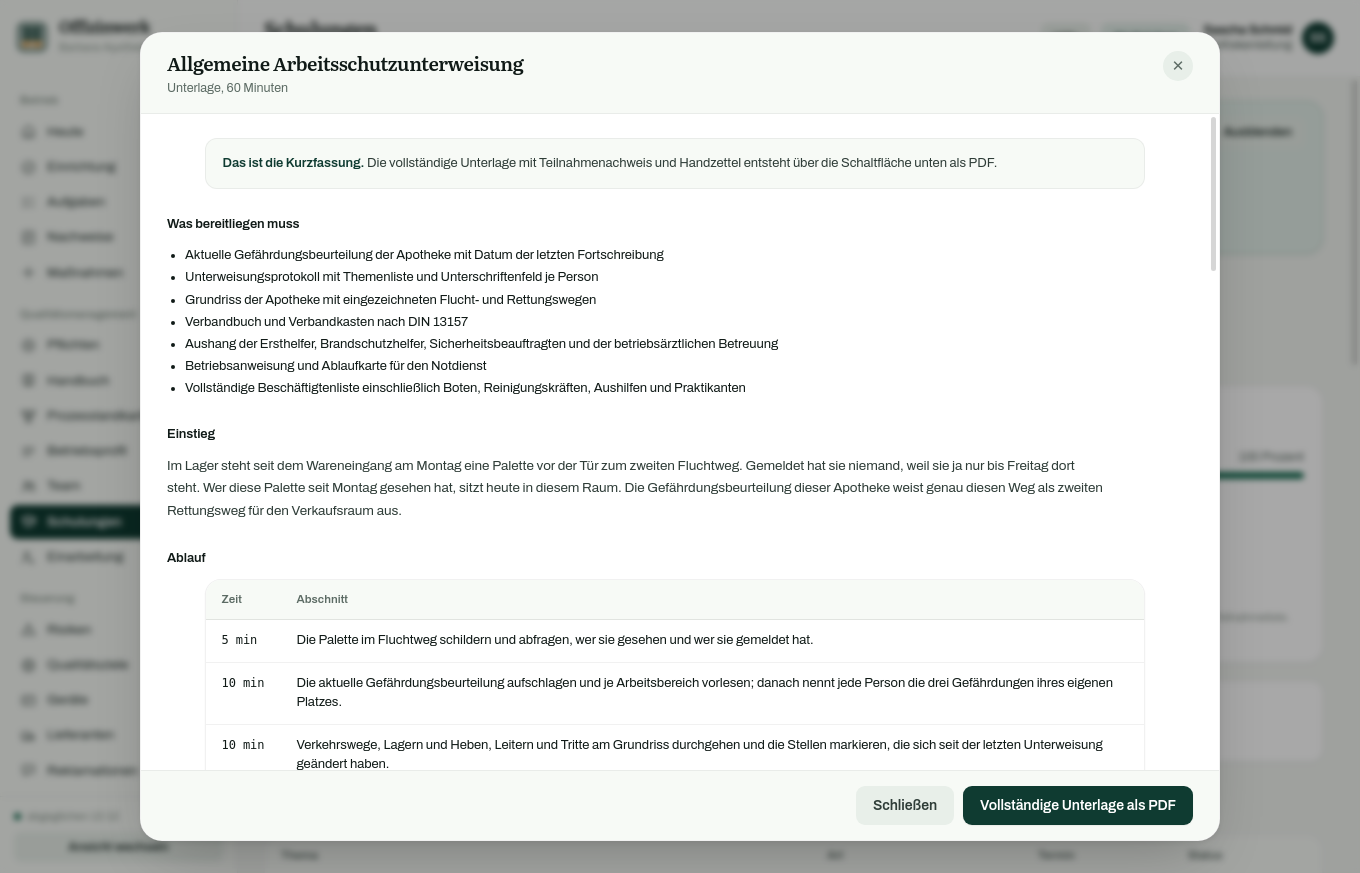 Vorschau einer Schulungsunterlage mit Einstieg, Ablauf in Abschnitten, Kernaussagen und Verständnisfragen.