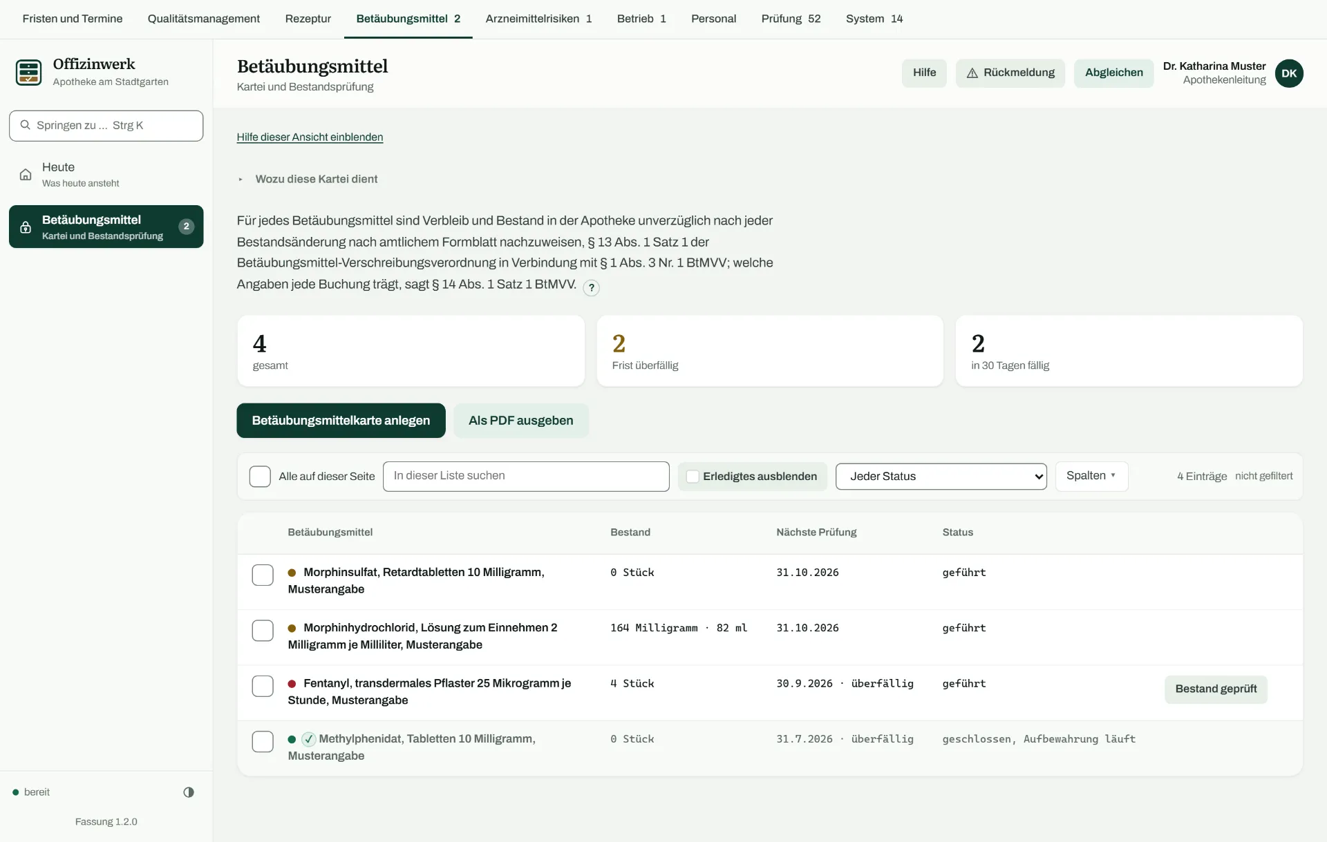 Ansicht Betäubungsmittel: drei Zahlen für den Bestand der Karteikarten, die überfällige Prüfung und die in dreißig Tagen fällige Prüfung, darunter eine Liste aus Betäubungsmittel, Bestand, nächster Prüfung und Zustand mit einer farbigen Marke je Zeile.