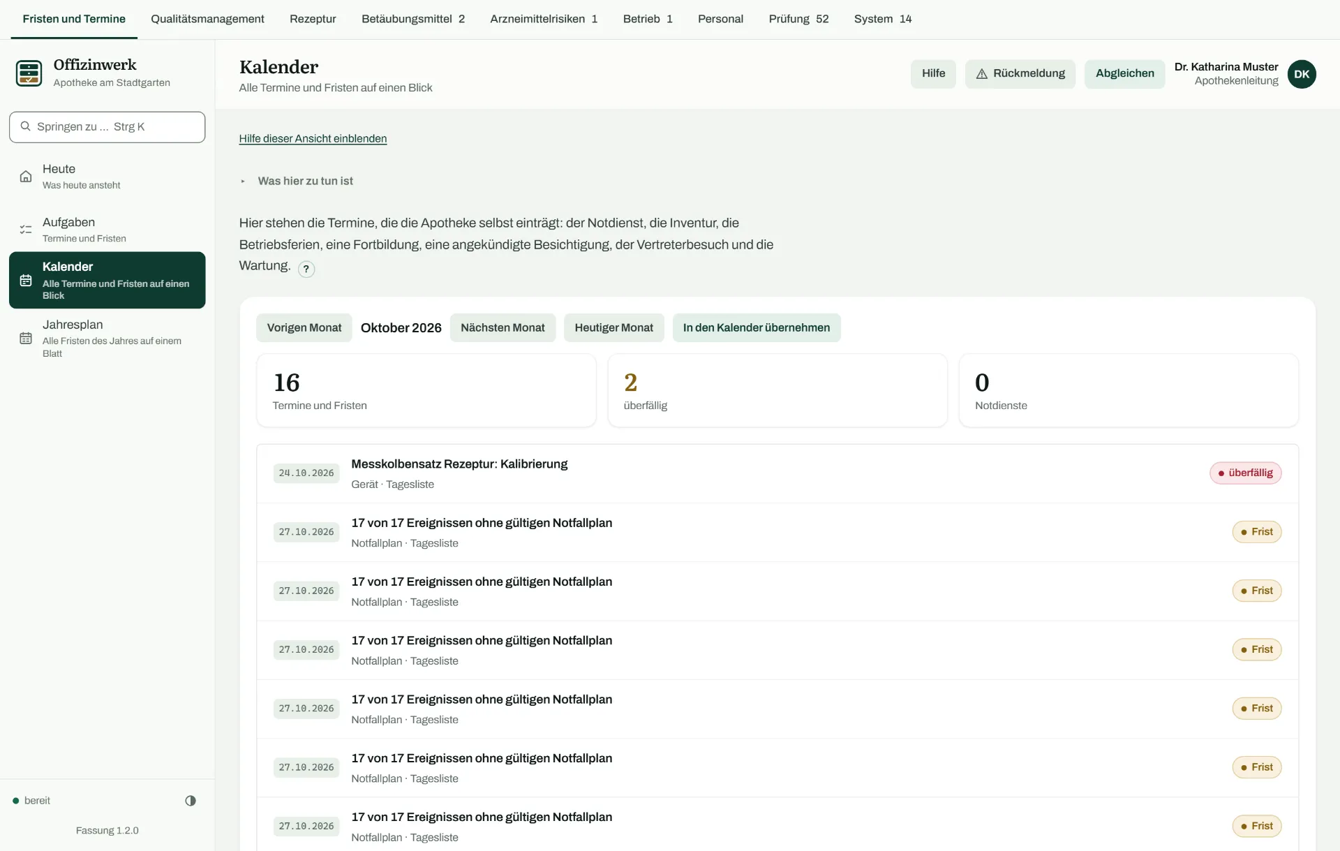 Ansicht Kalender: ein Monatsblatt mit drei Zahlen für Termine und Fristen, für das Überfällige und für die Notdienste, darunter eine Liste aus Datum, Vorgang und Herkunft mit einer Marke überfällig je Zeile.