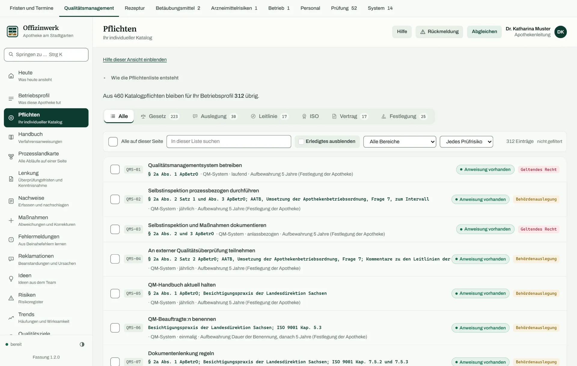 Pflichtenkatalog mit Suche, Bereichsfilter und der Kennzeichnung nach Gesetz, Auslegung, Leitlinie und Norm.