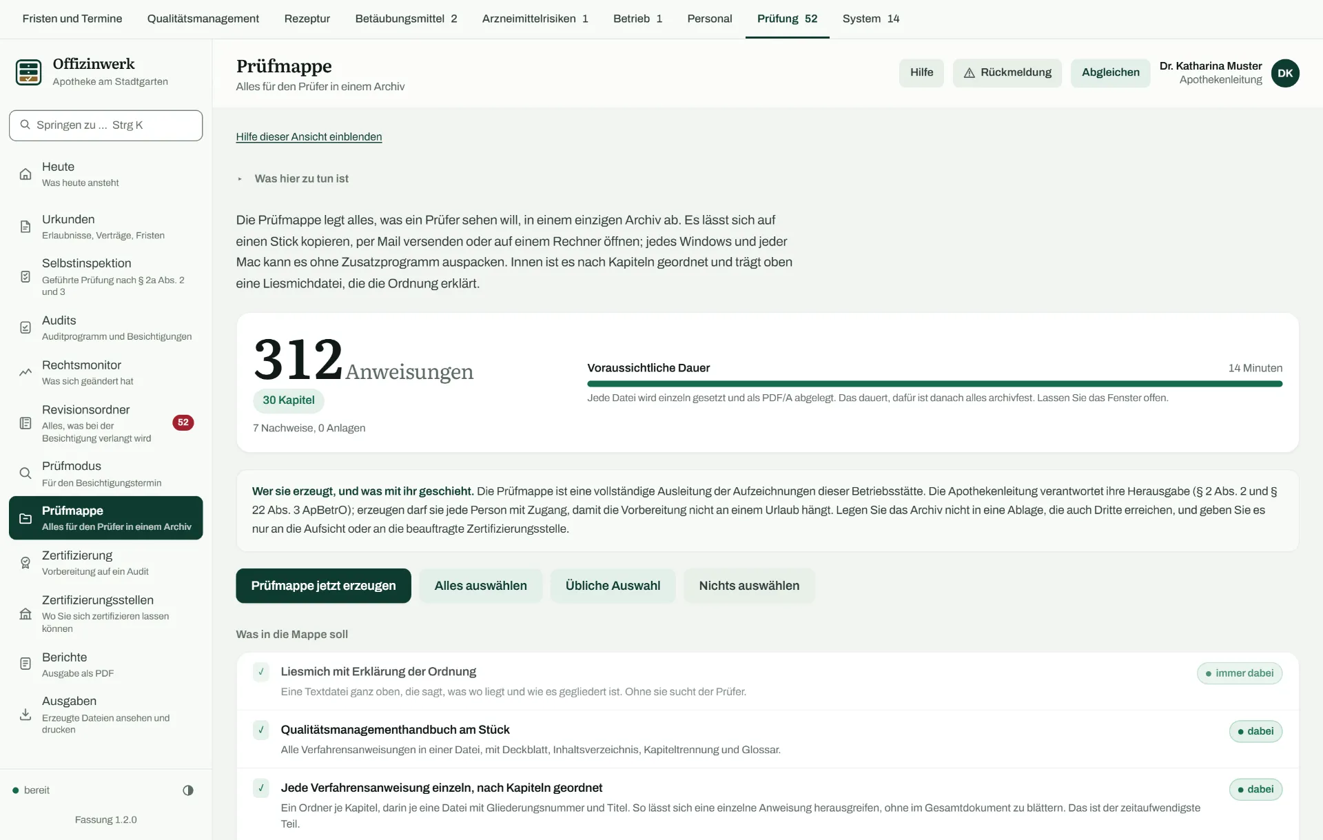 Ansicht Prüfmappe mit einer Auswahlliste der Bestandteile und der voraussichtlichen Dauer der Erzeugung.