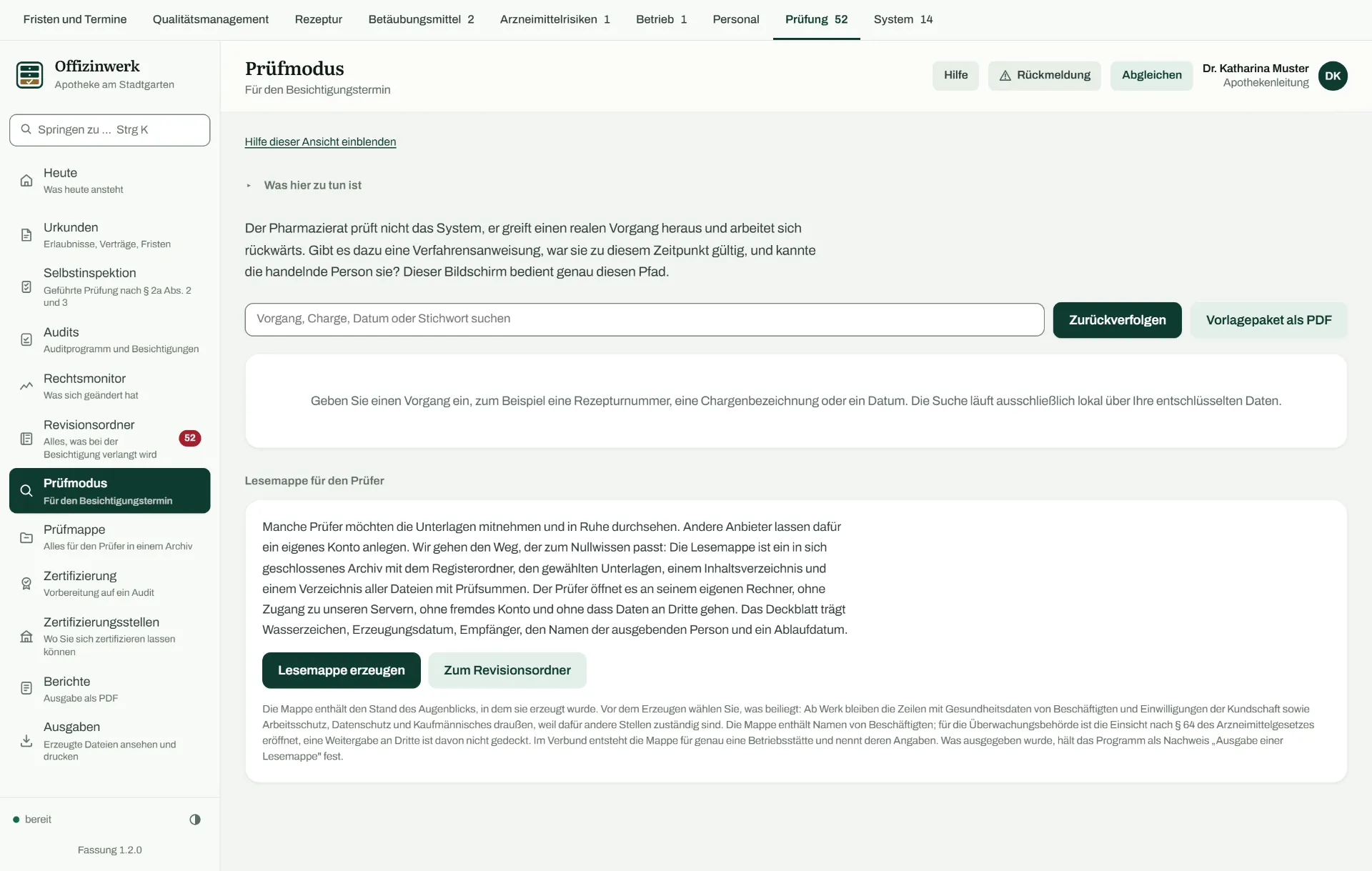 Ansicht Prüfmodus: oben das Suchfeld für einen Vorgang, darunter der Abschnitt Lesemappe für den Prüfer mit der Erläuterung und den Schaltflächen zum Erzeugen der Mappe.